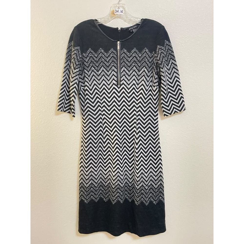 Etcetera Black White Chevron Zig Zag Knit Sheath Dress Faux Leather Trim Wool 4